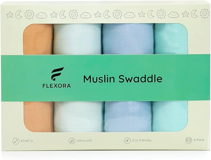 Muslin Swaddle Blankets for Baby Boys and Girls, 4-Pack Breathable and Skin-Friendly Receiving Blanket Wrap, Baby Essentials, Registry & Gift, 47 x 47 inches (Solid Serenity Sky)