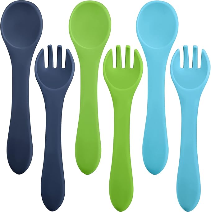 Nuenen 6 Pieces Silicone Baby Feeding Forks and Spoons Set Hot Safety First Stage Self Feeding Supplies Mini Kids Utensils for over 6 Months Babies Boy Girl Toddlers First Foods (Fresh Color)