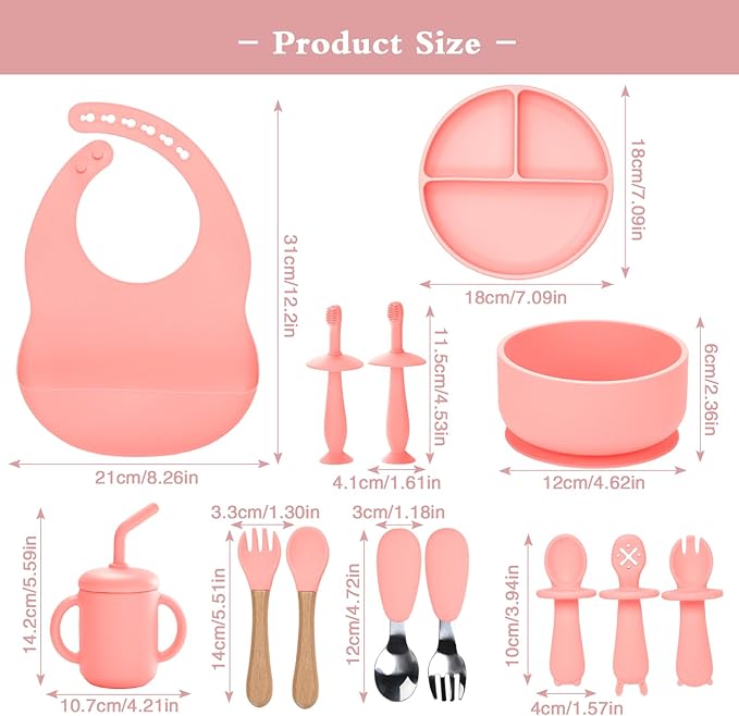 Silicone Baby Feeding Set - 13PCS Essentials With Suction Bowl, Plate, Spoons, Forks, Bib, Cup, Toothbrush - Led Weaning Supplies for 6+ Months Eating (Pink)