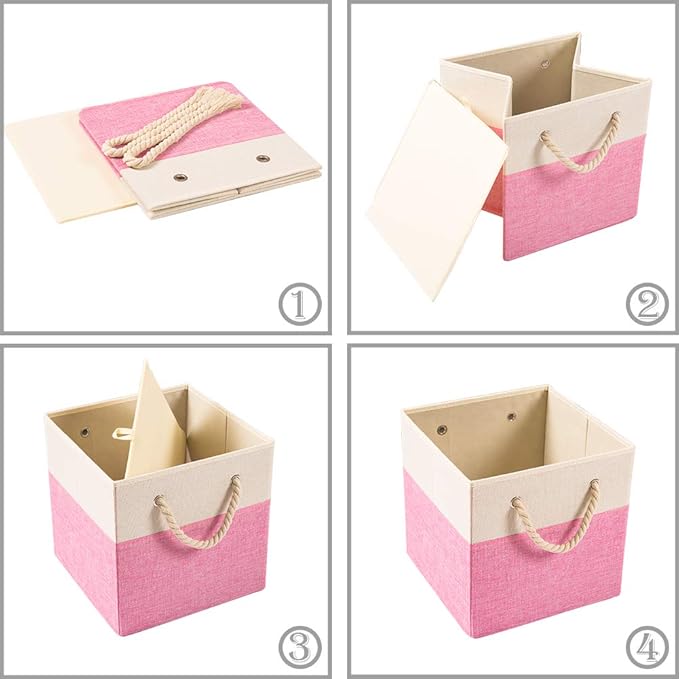 PRANDOM Large Foldable Cube Storage Bins 13x13 inch [2-Pack] Fabric Linen Storage Baskets Cubes Drawer with Cotton Handles Organizer for Shelves Nursery Closet Bedroom Pink