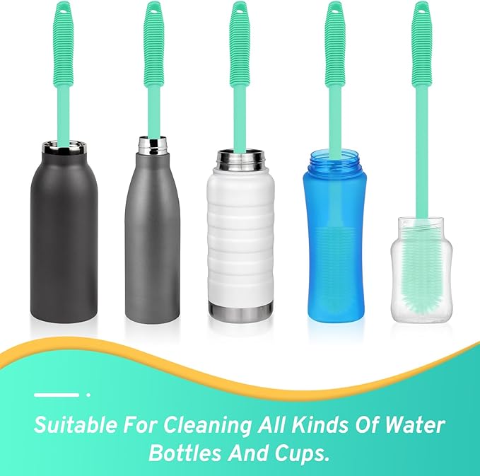 WQSS AOEIU Silicone Bottle Brush with 2 Straw Cleaner Brushes,Bottle Brush Set for Cleaning Bottles,Jars,Tumblers,Thermoses,Baby Bottle,Water Bottle,Dish,Easy to Use and Dry,Heat Resistant Sturdy
