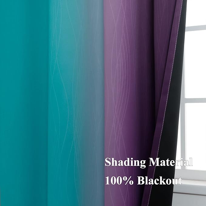 Estelar Textiler Ombre Teal and Purple Blackout Curtains 72 Inch Length 2 panels, Grommet Thermal Insulated Gradient Drapes for Kids Room, Full Light Blocking Blackout Curtains for Bedroom, 52x72 Inch