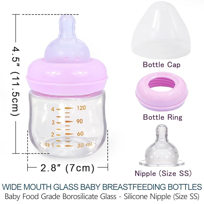 Matyz 2-Pack Glass Baby Breastfeeding Bottles with Caps (Pink, 4Oz) - Wide Neck New Born Bottles for Baby Breastfeeding - Breastfeeding Bottles for 0-3 Months Babies - Glass Baby Bottles with Nipples