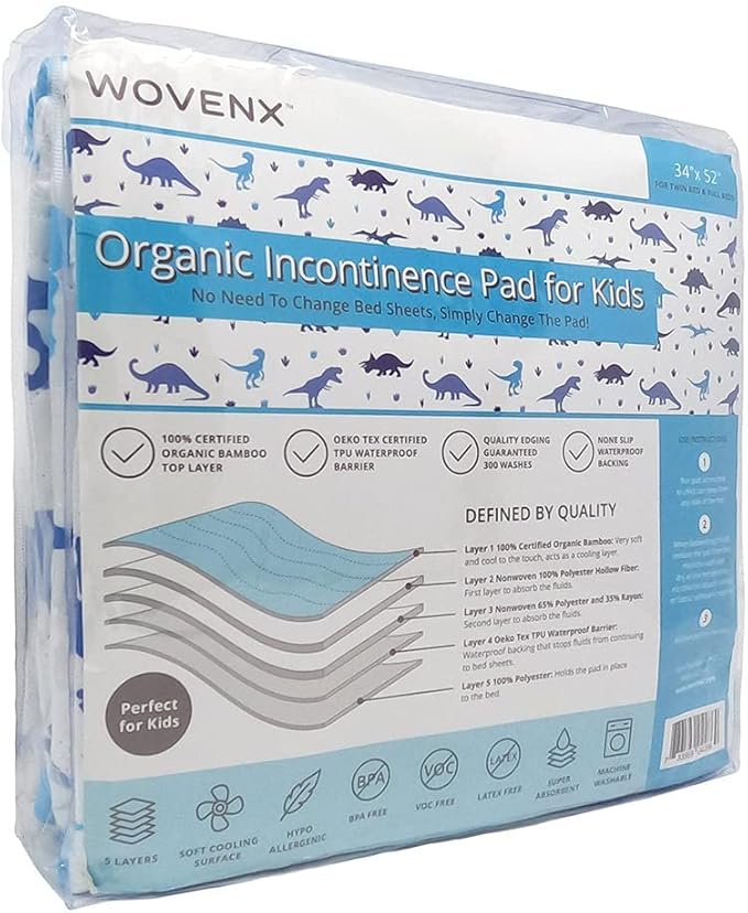 WOVENX Organic Incontinence Pads for Kids & Toddlers - 5 Layer Waterproof Protectors for Overnight Bed Wetting - Reusable & Washable Pee Pads - Fits Twin to Full Size Beds - 34" x 52" Dinosaur