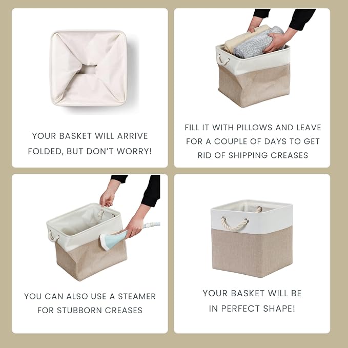 Mangata Canvas Storage Boxes, 11 Inch Cube Storage Bins Set of 6, Fabric Baskets with Cotton Rope Handle for Organizing Clothes Nursery Home (Khaki/White)