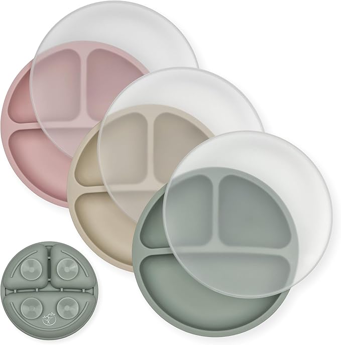 Hippypotamus Toddler Plates with Suction - 100% Food-Grade Silicone Baby Plates with Lids - Microwave & Dishwasher Safe - BPA Free - Set of 3 (Sage/Blush/Nude with LIDS)