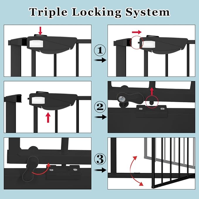 WAOWAO Triple Lock Baby Gate Extra Wide 86.22-90.55" Pressure Mounted Walk Through Swing Auto Close Safety Black Metal Dog Pet Puppy Cat for Stairs,Doorways,Kitchen