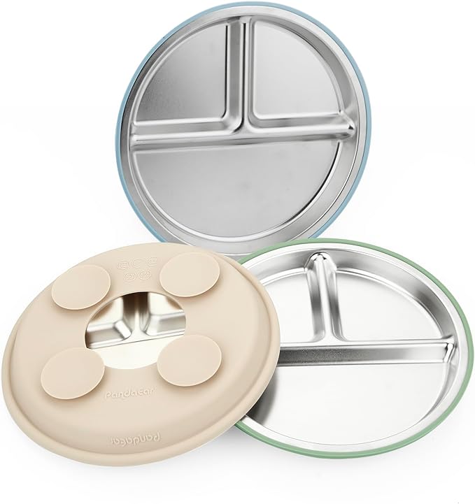 PandaEar 3 Pack Stainless Steel Baby Suction Plates, Divided Toddler Plate for Baby Led Weaning Supplies, Non-Slip Toddler Baby Feeding Set Dishwasher Safe (Blue/Green/Brown)