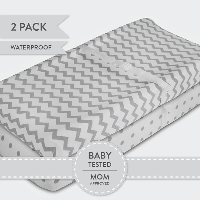 Waterproof Changing Pad Cover Sheets 2-Pack for Baby Boy or Baby Girl - (Grey Chevron & Polka Dots)