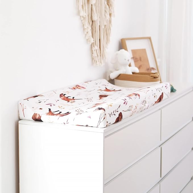 GRSSDER Stretch Ultra Soft Jersey Knit Changing Pad Cover Set 2 Pack, Change Table Pad Covers Fit 32"/34" x 16" Pads Safe and Snug, Cute Diaper Change Table Sheets for Girls, Fox Pattern for Baby