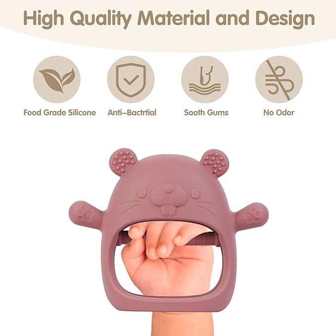 Silicone Baby Teether Toy for 3-24Months, BPA-Free Handheld Teething Relief Toy for Sore Gums, Easy-to-Grip Animal Design for Infants & Toddlers, Dishwasher Safe(Groundhog Dark Pink)