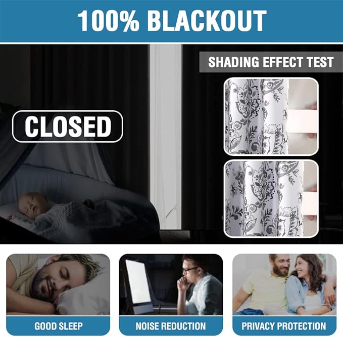 H.VERSAILTEX 100% Blackout Curtains for Bedroom Paisley Floral Printed Curtains 84 Inches Long Grommet Curtains & Drapes Thermal Curtains Window Treatments with Black Liner 2 Panels, Grey