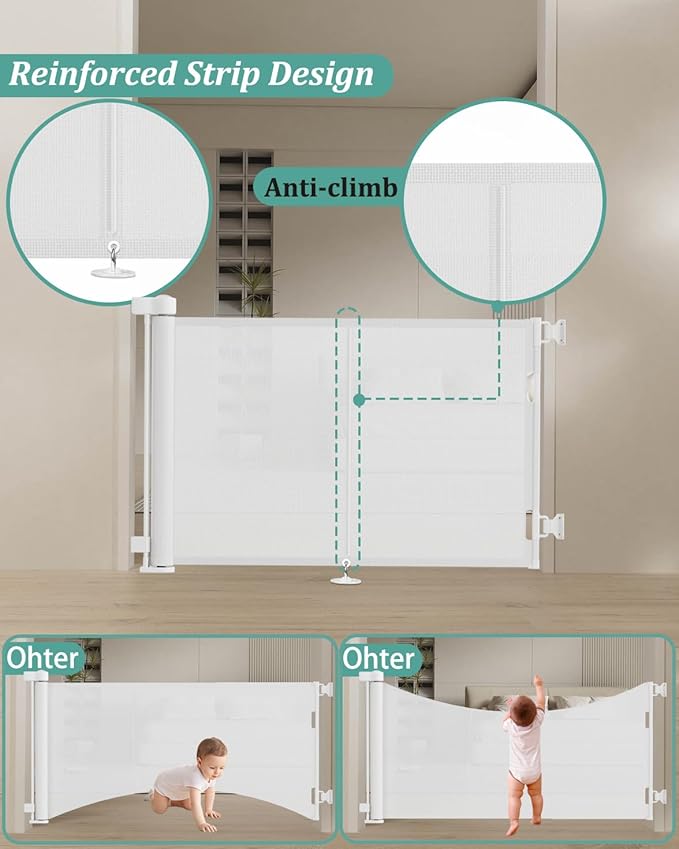 59 inch Retractable Baby Gates 34 inch Tall, Retractable Gate with Reinforced Strip Design to Prevent Crawling Through, 5 FT Retractable Dog Gate for Stairs, Doorways, Hallways, Indoor/Outdoor
