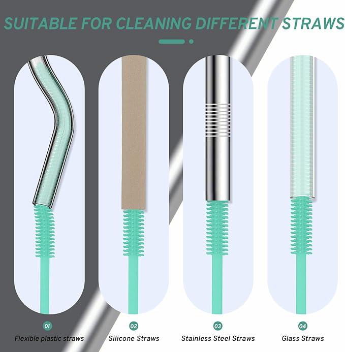 WQSS AOEIU Reusable Silicone Straw Brush,Straw Cleaner,Pipe Cleaners,Extra Long Cleaner Brush for Cleaning Bottle Metal Glass Straws Drink Lid,Straw Cover,Smoothie Straw,Drinking Mint Green 6mm+8mm