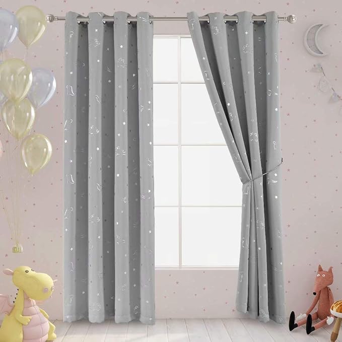 LORDTEX Dinosaur and Star Foil Print Blackout Curtains for Kids Room - Thermal Insulated Curtains Noise Reducing Window Drapes for Boys and Girls Bedroom, 52 x 84 Inch, Light Grey, Set of 2 Panels