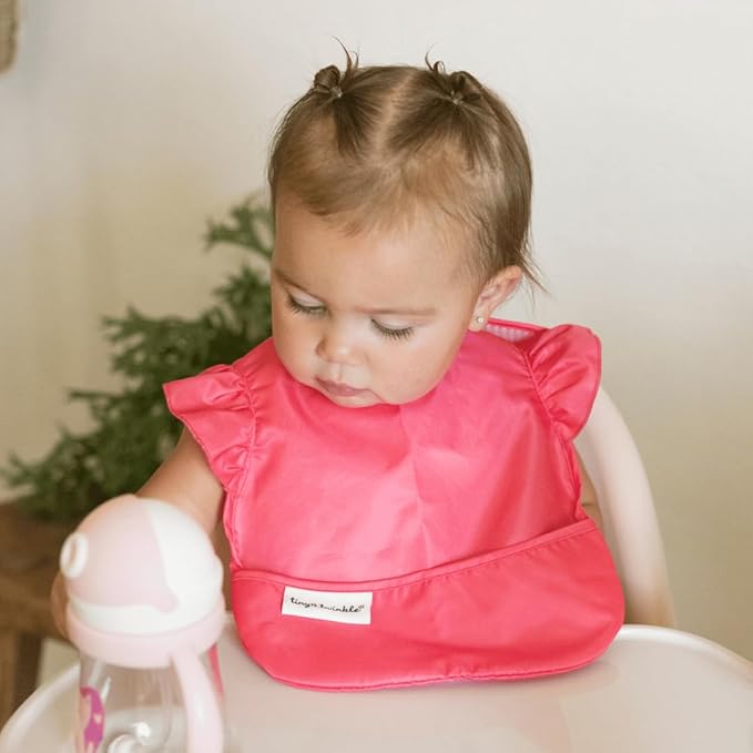 Tiny Twinkle Mess-Proof Baby Bibs for Eating | Waterproof, Wipeable Toddler Bibs with Catch-All Pocket | Feeding Bibs for Girls & Boys(3 Pack,Blue Floral)