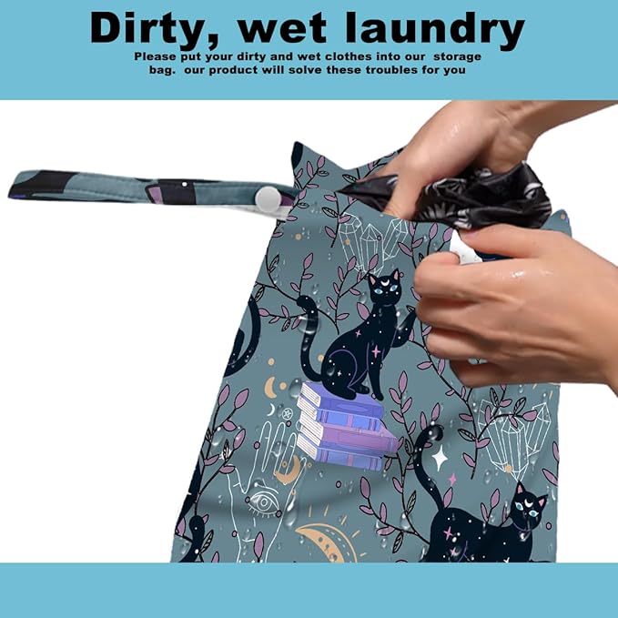 2Pcs Cat Wet Bag 12x10 Inch, Plants Waterproof Reusable Wet Dry Bag, Book Moon Washable Travel Laundry Bags for Swimsuit Pool Beach Diapers Dirty Yoga Gym Clothes, Cute Cat Gifts for Women Friend