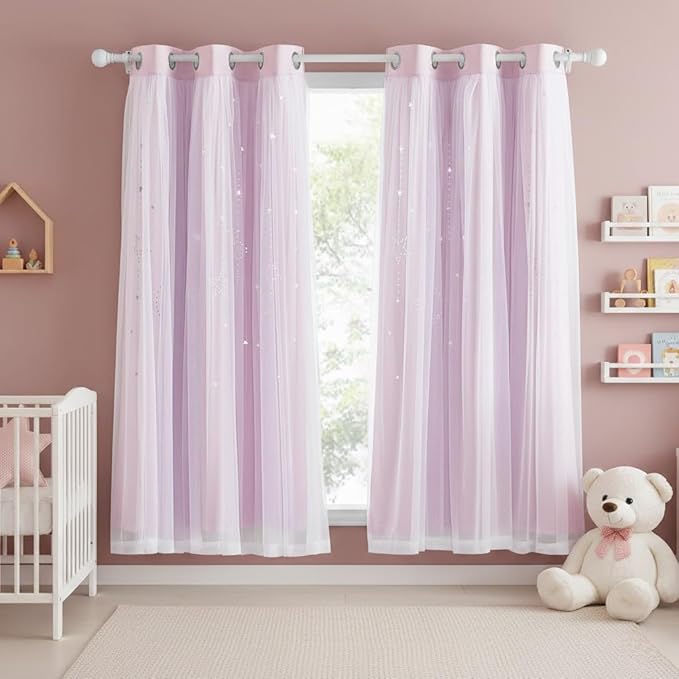 NICETOWN Short Curtains for Nursery Bedroom, Double Layer 63 inches Long Moon Star Cutout Girls Ombre Curtains with Sheer Overly for Living Room Nursery, 2 Panels, 42" Wide, Pink