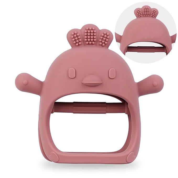 Baby Teether Toy for Infants 3–24 Months, Silicone Biting Toy with Handle, Textured Surface for Gum Soothing, Easy to Hold and Clean, Travel-Friendly Design (Chicken Dark Pink)