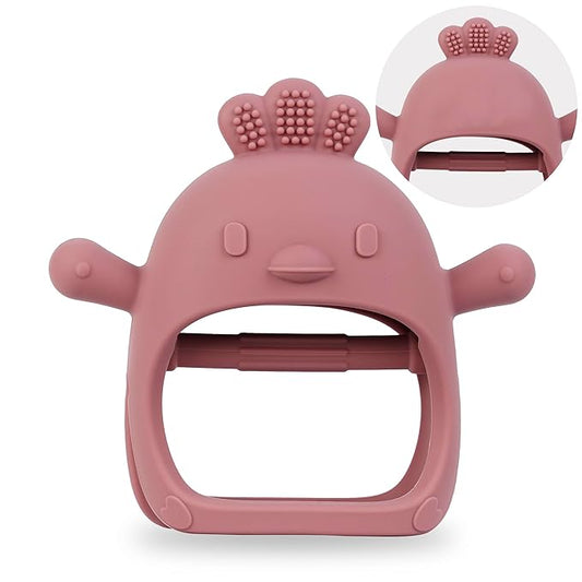 Baby Teether Toy for Infants 3–24 Months, Silicone Biting Toy with Handle, Textured Surface for Gum Soothing, Easy to Hold and Clean, Travel-Friendly Design (Chicken Dark Pink)