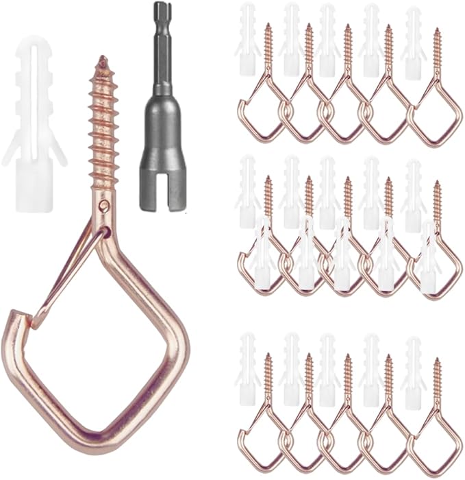 32-Pack Heavy-Duty Rose Gold Screw Eye Hooks with Safety Clips | Metal Ceiling Hooks for Hanging Plants, Wind Chimes, Bird Feeders & Indoor/Outdoor Lights