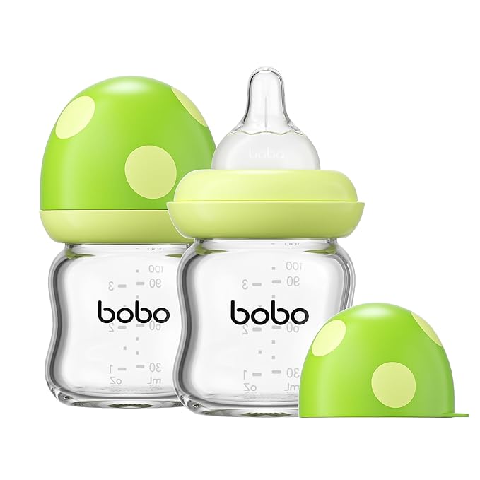 YOHKOH Natural Glass Baby Bottle with Level 1 Slow Flow Nipple, Newborn Anti-Colic Baby Bottles, Wide Neck Mushroom Baby Glass Bottle (Green, 3.4oz (Pack of 2))
