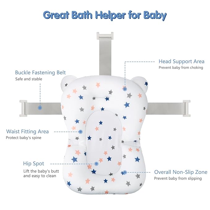 Colorlife Baby Bath Seat Support Net Infant Bathing Seat Support Mat, Adjustable Comfortable Non-Slip Three-Pointed Baby Shower Bathtub Sit Up Mesh for Newborn 0-12 Months-White Star(No Bathtub)