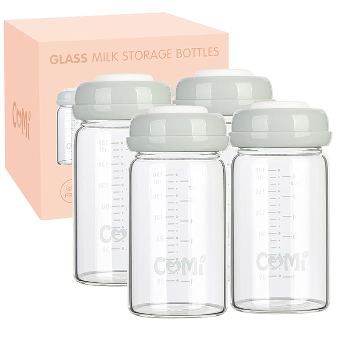COMI Natural Glass Baby Bottle,Breastmilk Storage Bottle for Fridge,Wide Neck Breast Milk Container with Dome Cap,Fits Breast Pumps & Nipples,BPA Free,4PCS (6oz,4 Gray Lids)