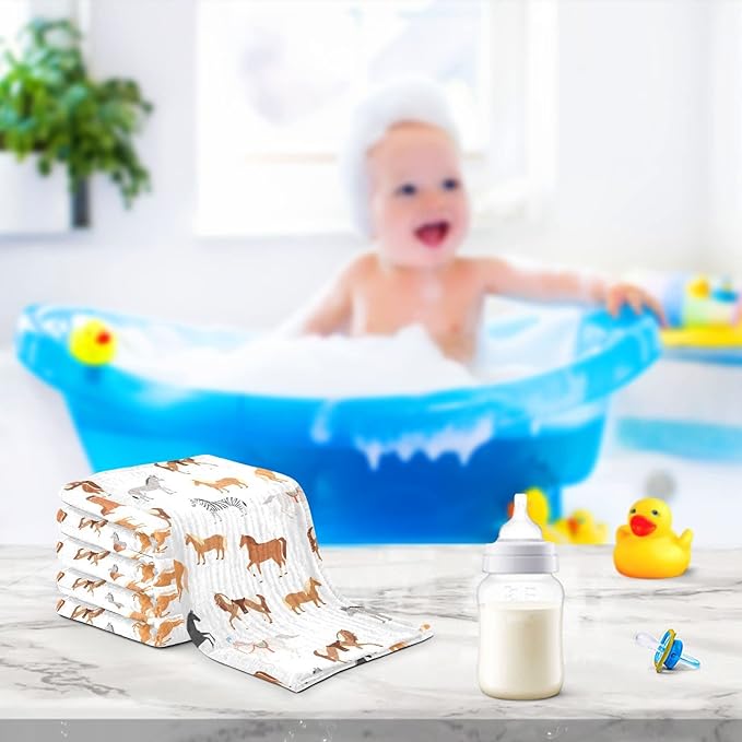 Vvfelixl Baby Washcloths Cotton Animal Print Muslin Washcloths Soft Baby Face Towel for Newborn Infants, 11.8 X 11.8 Inch, 3 Pack