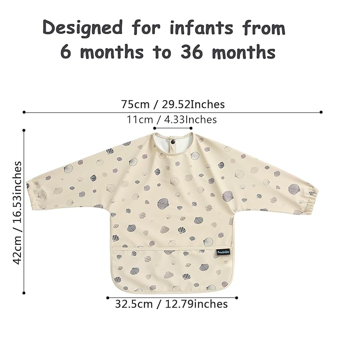 PewinGo Baby Bib with Long Sleeves Bib & BLW, Machine Washable & Soft and Skin-Friendly Material, Coverall Bibs for Baby Feeding, Waterproof and Easy to Clean, for Baby Infant Toddlers (Beige)