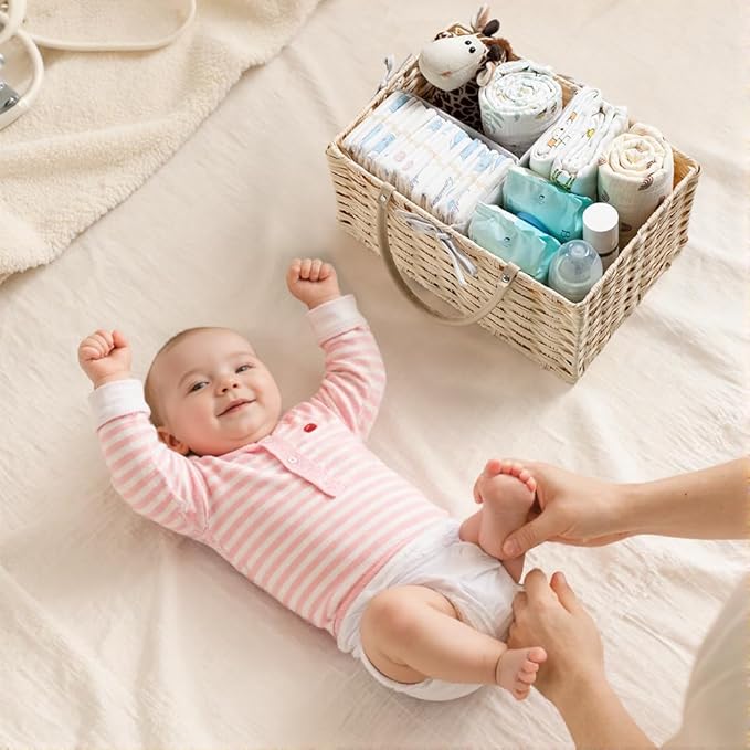 HBlife Diaper Caddy Organizer, Washable Waterproof, Portable Plastic Wicker Woven Basket with Divider, Nursery Diaper Station, Baby Shower Gifts Basket & Car Organizer