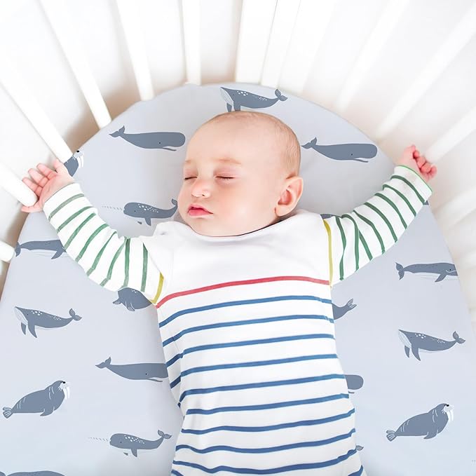 Bassinet Fitted Sheets, 3 Pack Baby Boy and Girl, Soft Breathable Stretchy Baby Pad/Mattress Sheet Set, Universal Fit for Hourglass Oval and Rectangle Bassinet Mattress（Blue Whale Ocean）