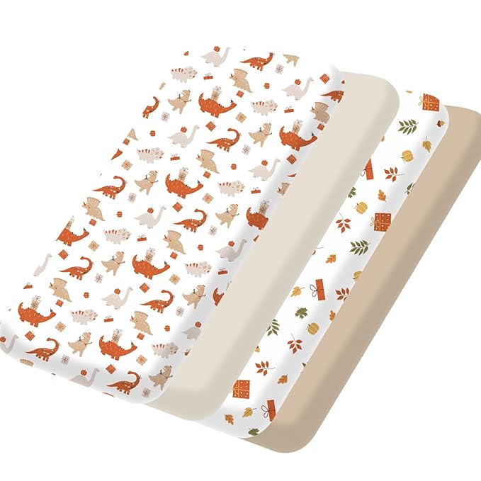 Bimocosy Pack and Play Sheets Fitted 4 Pack, 38 x 26 Inch Pack n Play Mini Crib Sheets for Boys and Girls, Soft Stretchy Playard Mattress Sheets for Graco Pack n Play, Dino Harvest