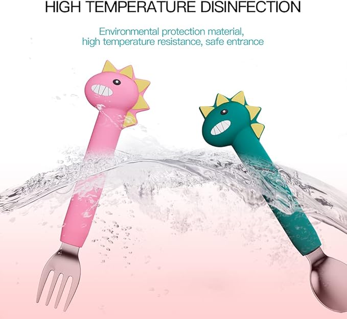 SFCCMM Forks and Spoons Cartoon Set Stainless Steel Utensils Flatware Round Handle Utensils Silverware Flatware Cutlery Set for Home, Kitchen and Restaurant (Pink Dinosaur - Long)