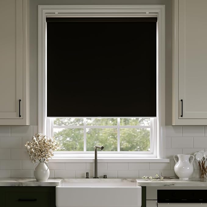 Cordless Roller Shades Blackout Blinds for Windows Room Darkening Rolled Up Shades with Spring System, UV Protection Window Shades Door Blinds for Home and Office (Black, 27" W x 72" H)
