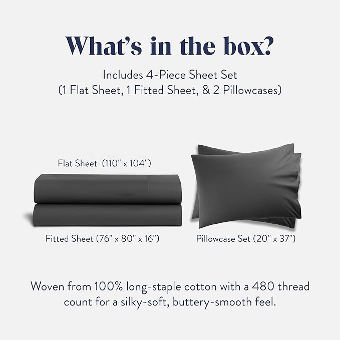 Brooklinen Luxury Sateen 4 Piece Sheet Set - 100% Cotton Bed Sheets, Soft & Durable King Size Sheets Set in Slate Grey, Oeko-TEX Certified Bedding Set, 1 Fitted Sheet, 1 Flat Sheet, 2 Pillowcases