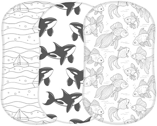 TansyPanda Halo Bassinet Sheets for BassiNest Luxe Swivel, Soothing, Swivel, Lite, Essential Sleeper, 3 Pack, 33 X 17 Inch, Ultra Soft, Snug Fit, Unisex Boys Girls, Gray White (Ocean Fish)