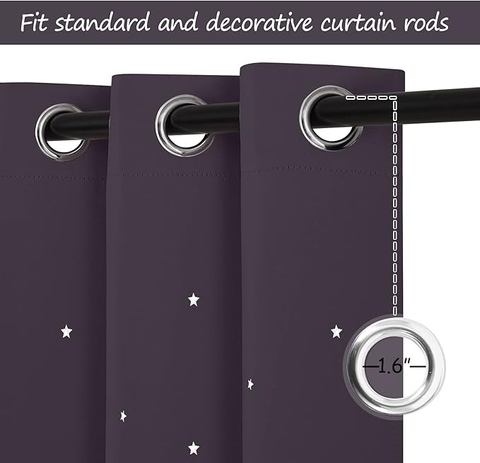 NICETOWN Cutout Stars Curtains for Kids Room 2 Panels Romantic Sparkle Starry Sky Space Theme Light-Filtering 54 inches Length Blackout Windows Curtains, 34" Width, Greyish Purple