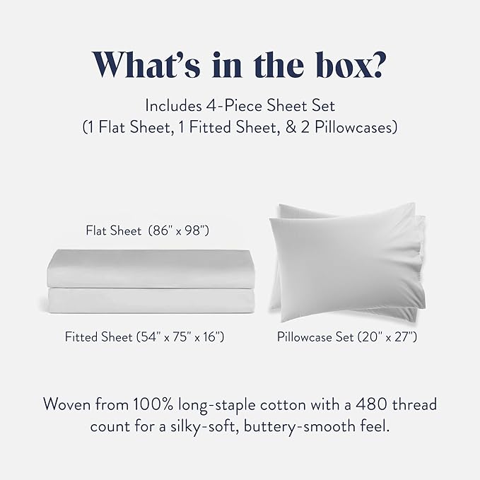 Brooklinen Luxury Sateen 4 Piece Sheet Set - 100% Cotton Bed Sheets, Soft & Durable Full Size Sheets Set in White, Oeko-TEX Certified Bedding Set - 1 Fitted Sheet, 1 Flat Sheet, 2 Pillowcases