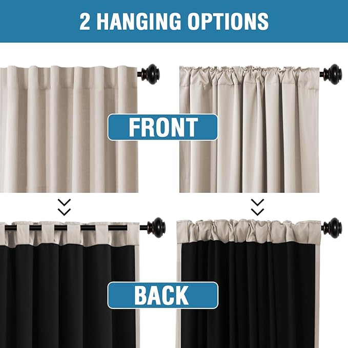 H.VERSAILTEX 100% Blackout Curtains for Bedroom with Black Liner Full Room Darkening Curtain 63 Inch Long Thermal Insulated Back Tab/Rod Pocket Window Drapes for Living Room, 2 Panels, Natural