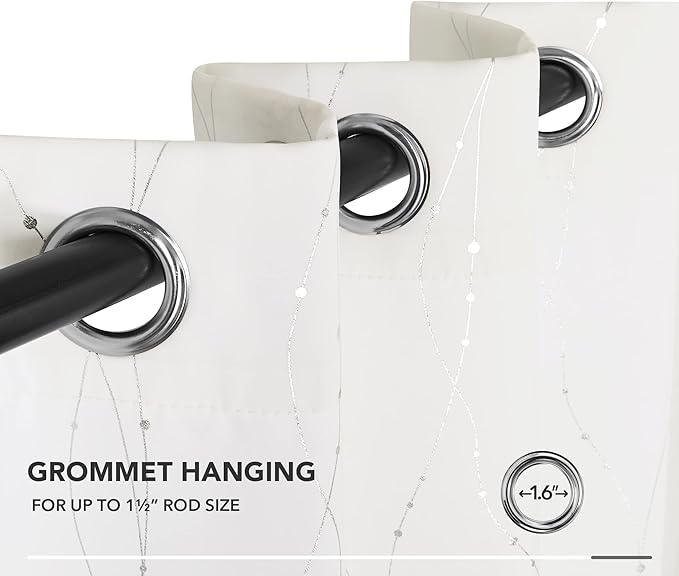Deconovo Room Darkening Curtains, 38 x 90 Inch Drape for Sliding Door with Wave Dots Silver Print, Soundproof Thermal Insulated Curtain for Bedroom Living Room, Set of 2, Machine Washable, Pure White