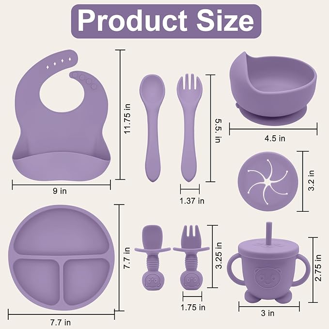 Munlinder Silicone Baby Feeding Set | Baby Led Weaning Supplies Includes Suction Bowls and Divided Plates, Adjustable Bib, Baby Utensils Spoons and Forks,Cup | Baby Feeding Essentials (Purple)