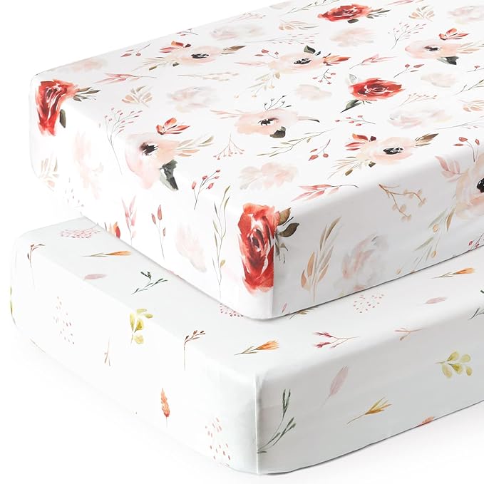 GRSSDER Ultra Soft Jersey Knit Fitted Crib Sheets 2 Pack, Universal Fit Crib Mattress Pads Snug and Safe, Breathable Crib Mattress Sheet for Baby Girls, Pretty Watercolor Pink Rose Flora
