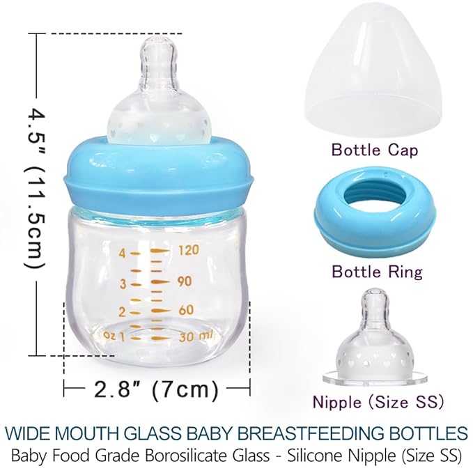 Matyz 2-Pack Glass Baby Breastfeeding Bottles with Caps (Blue, 4Oz) - Wide Neck New Born Bottles for Baby Breastfeeding - 4 Oz Glass Baby Bottles with Lids - Breastfeeding Bottles for Newborn Babies