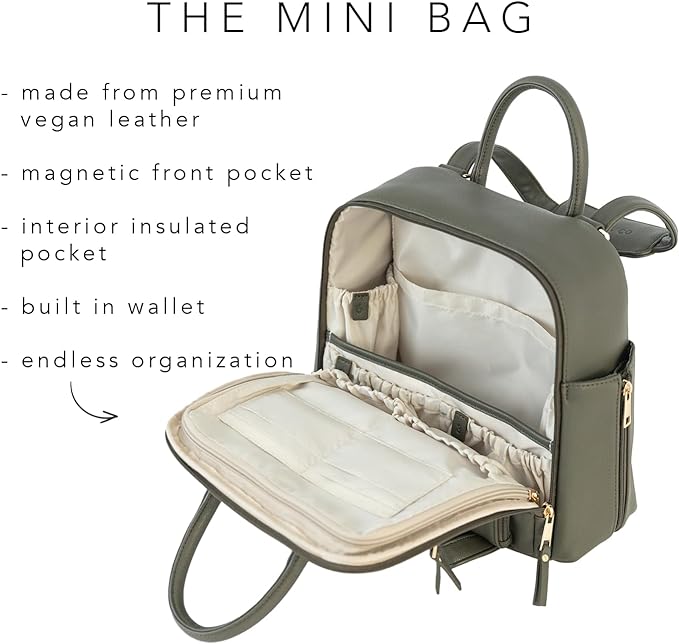 Ayla & Co Mini Bag, Transitional Minimal Diaper Bag, Vegan Leather, with Expandable Pockets, Built-In Wallet, Organizer