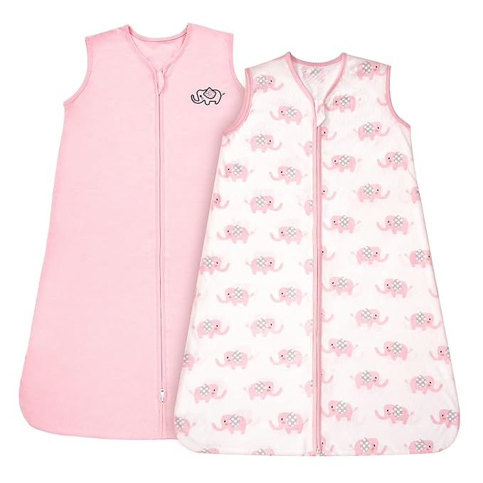 TILLYOU 2 Pack Baby Sleep Sack 18-24 Months 100% Cotton Wearable Blanket 0.5 TOG Sleeveless Summer Sleep Sacks with 2-Way Zipper, Pink Elephant