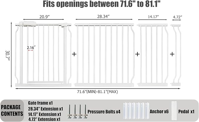 Heavy Duty Baby & Dog Safety Gate - Extra Wide 76.4-81.1 Inch, White Metal, Tension Mounted No Drilling Pet Gate for Stairs & Doorways, 30 Inch Tall