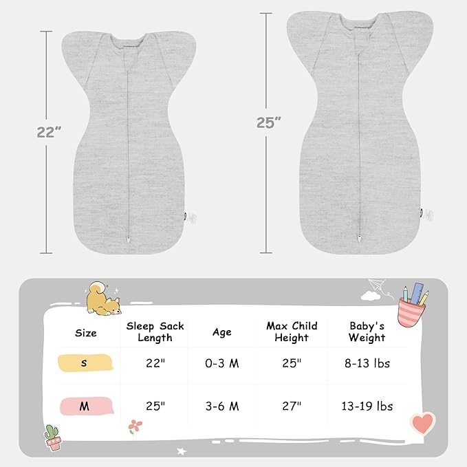 MEXXI Swaddle Baby Sleep Sack with Arms Up, Baby Transitional Swaddle with Double Zipper, 0.5 TOG, 13-19 lbs, M