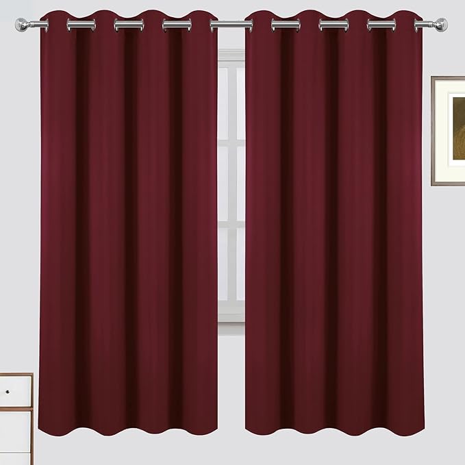LEMOMO 100% Blackout Curtains 52 x 72 Inch Burgundy Red Curtains 2 Panels Darkening Thermal Insulated Bedroom Curtains