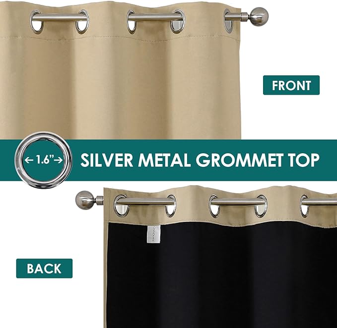 ChrisDowa 100% Blackout Curtains 72 inch Long for Bedroom with Black Liner, 2 Thick Layers Total Blackout Thermal Insulated Grommet Window Curtains 2 Panels Set (Beige, 42 x 72 Inch)